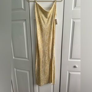 Satin Yellow Floral Midi Dress with Slit